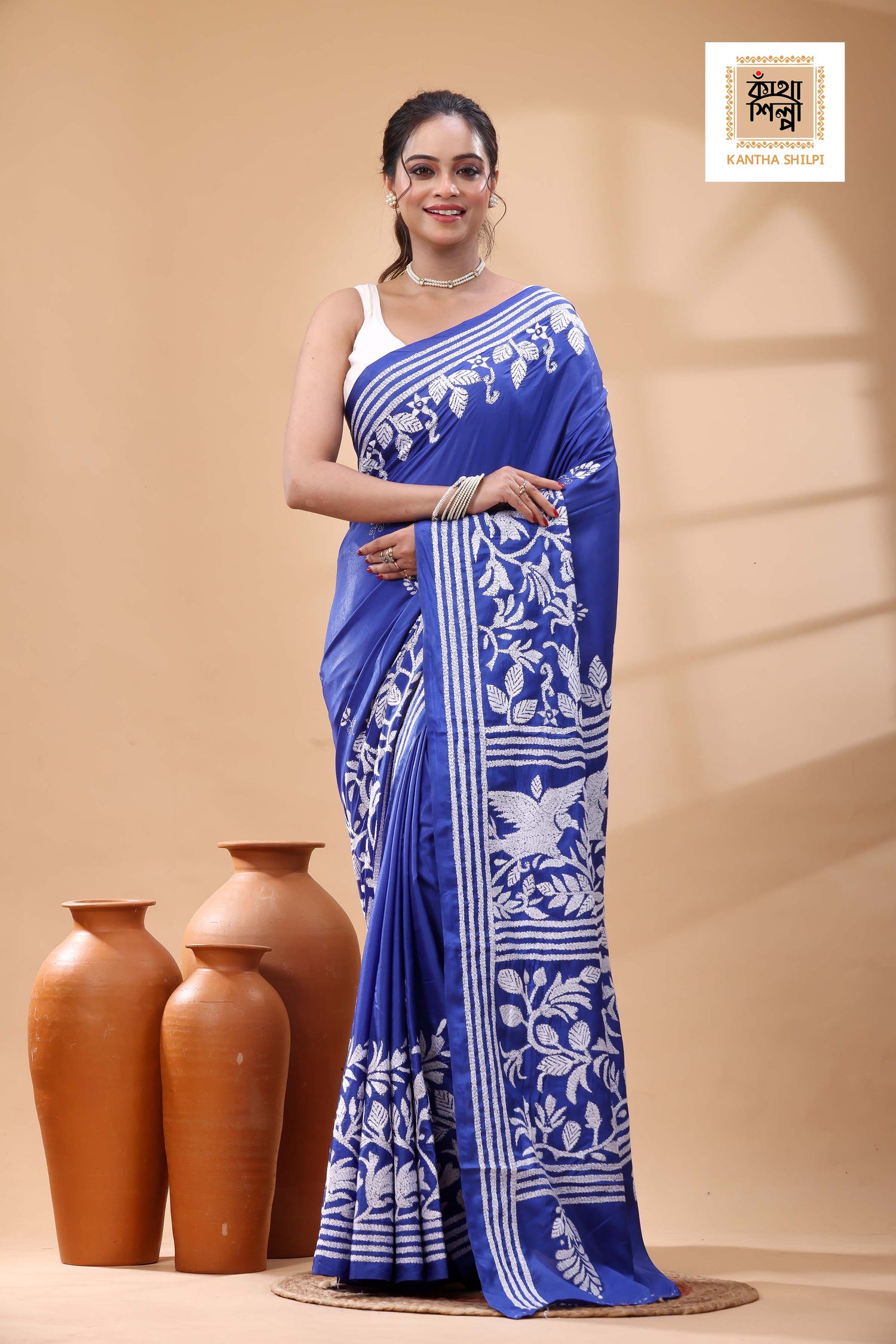 Pure Blue Dye Gachi Tussar White Color Thread Work Kantha Stitch Saree