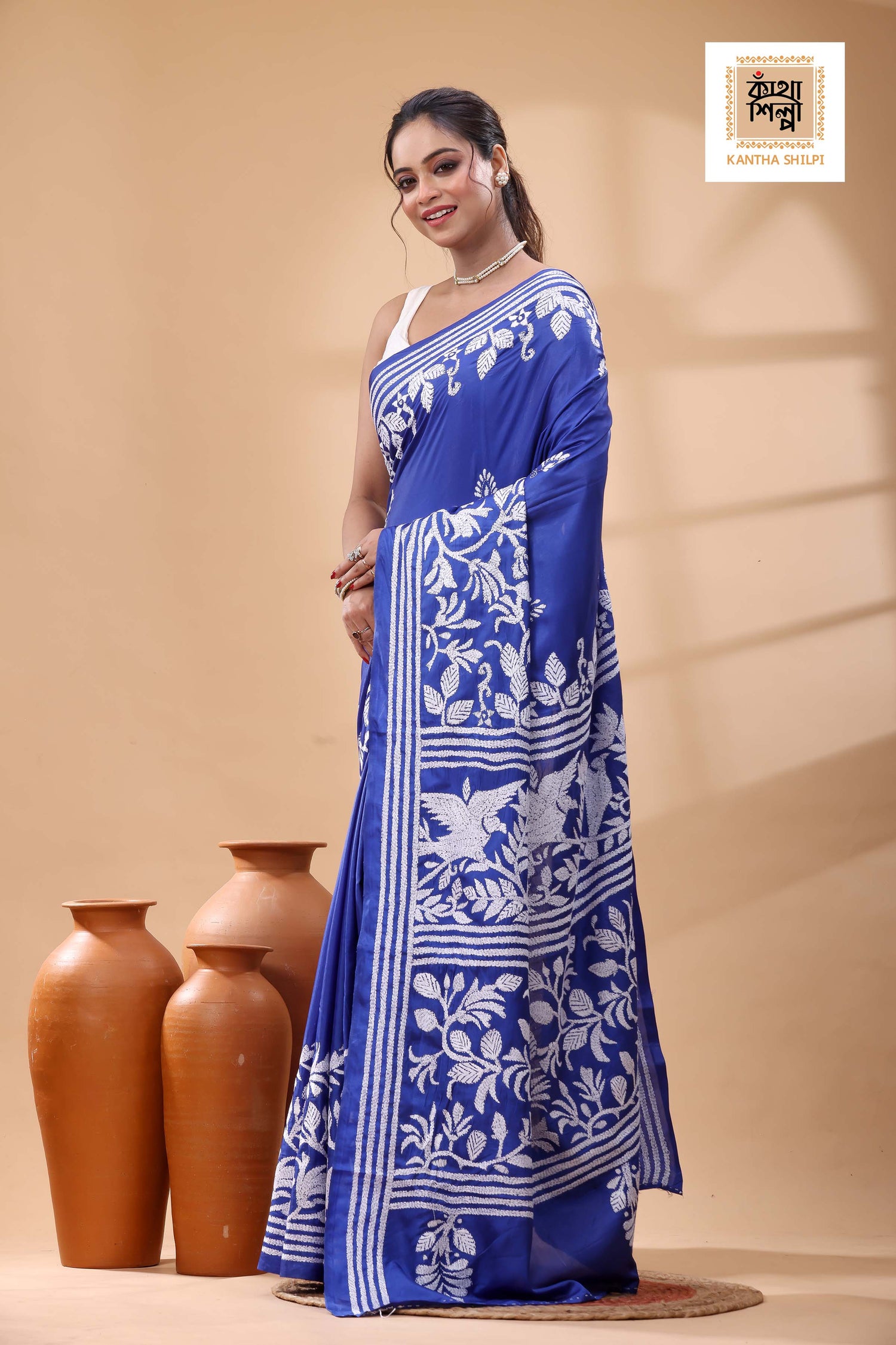 Pure Blue Dye Gachi Tussar White Color Thread Work Kantha Stitch Saree