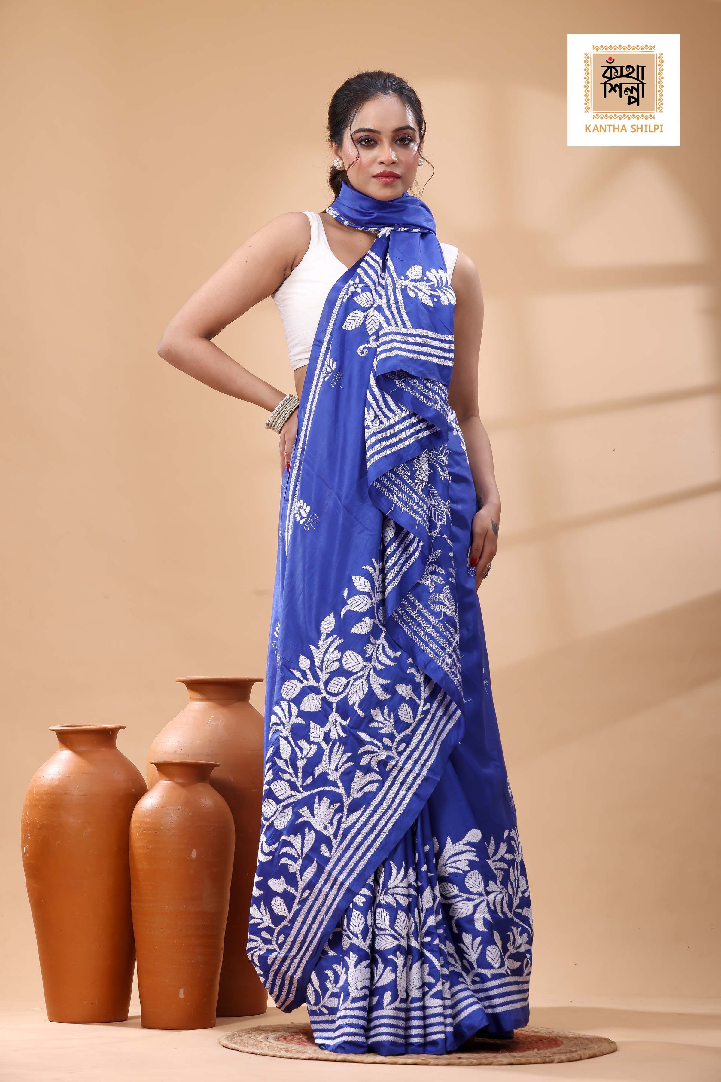 Pure Blue Dye Gachi Tussar White Color Thread Work Kantha Stitch Saree