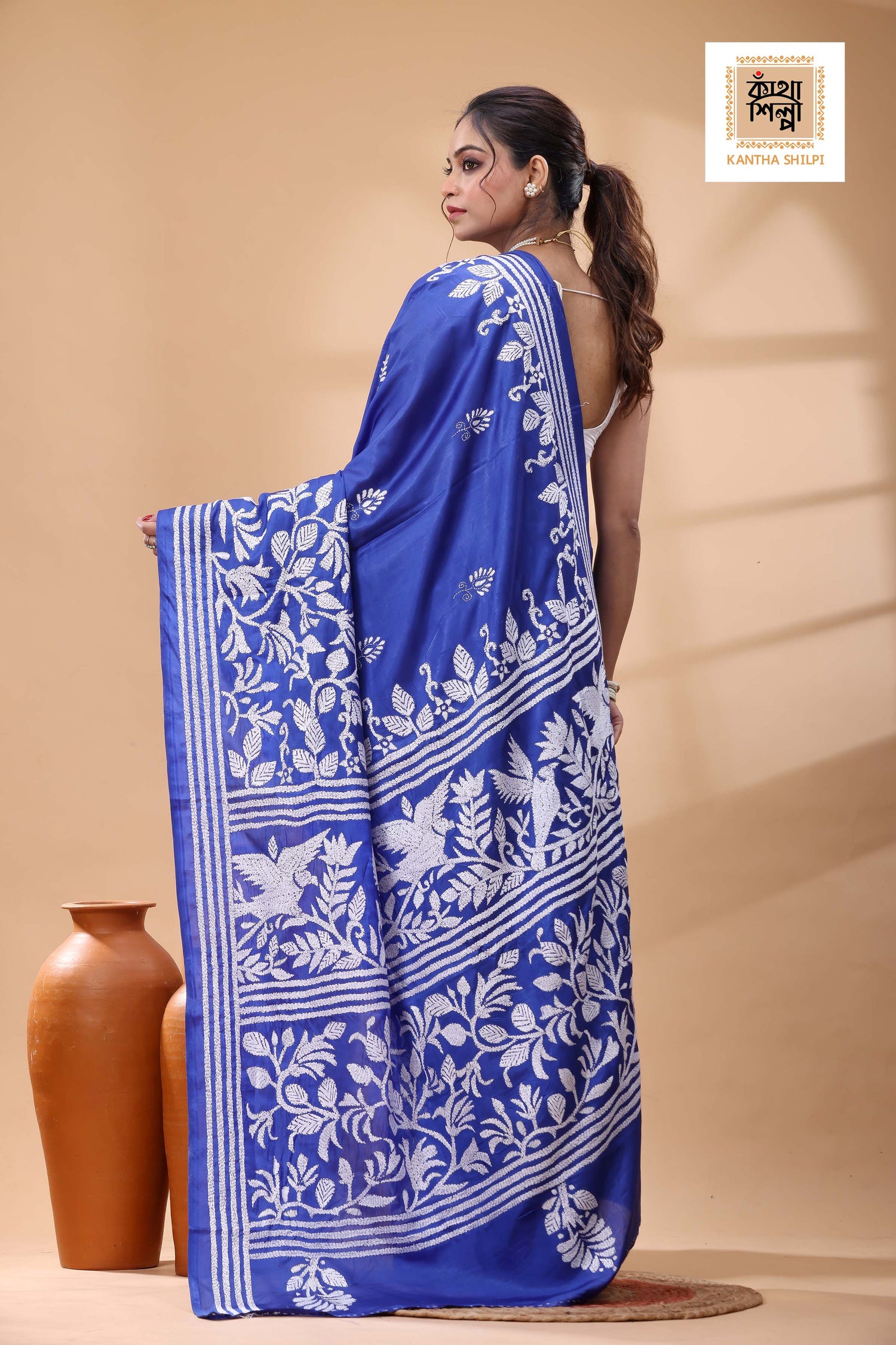 Pure Blue Dye Gachi Tussar White Color Thread Work Kantha Stitch Saree