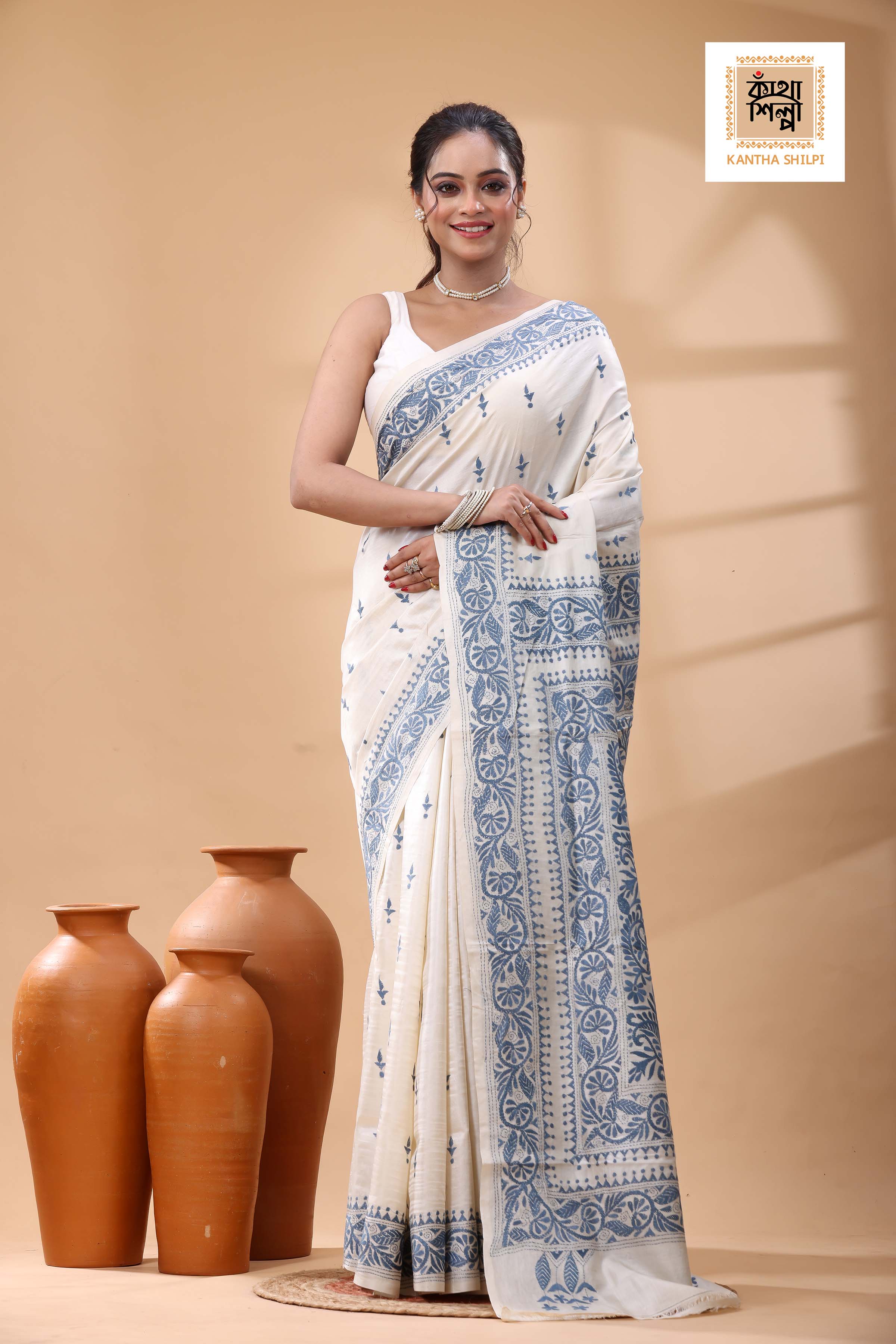 Pure Tussar Blueish Grey Color Thread Work Kantha Stitch Saree