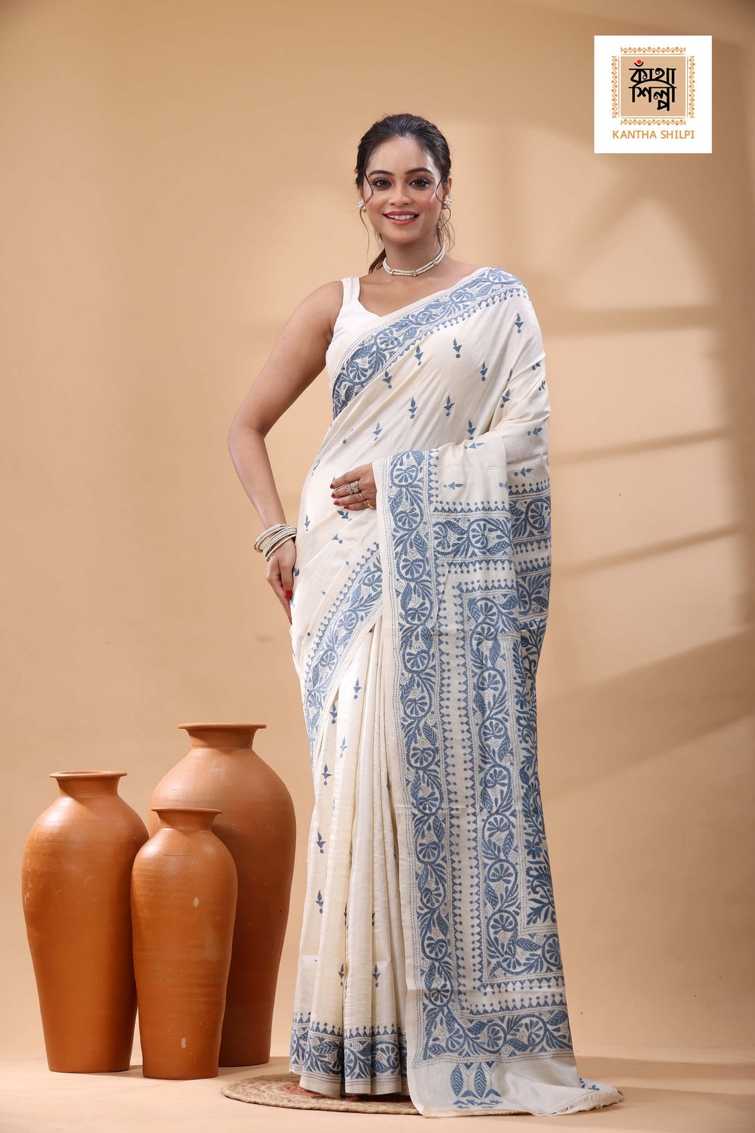 Pure Tussar Blueish Grey Color Thread Work Kantha Stitch Saree