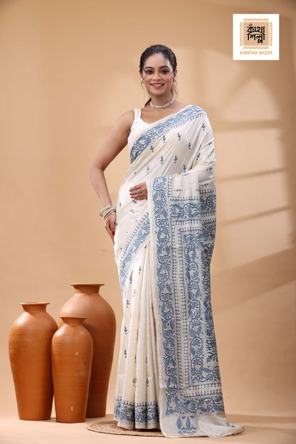 Pure Tussar Blueish Grey Color Thread Work Kantha Stitch Saree