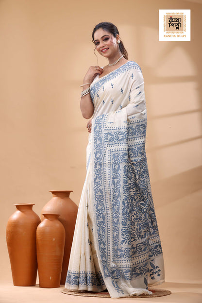 Pure Tussar Blueish Grey Color Thread Work Kantha Stitch Saree