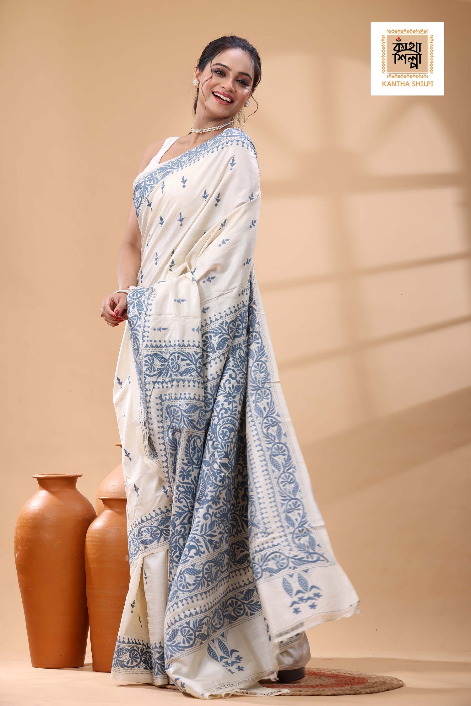 Pure Tussar Blueish Grey Color Thread Work Kantha Stitch Saree