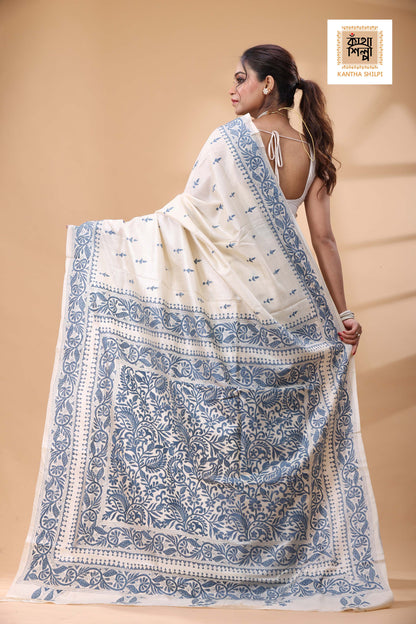 Pure Tussar Blueish Grey Color Thread Work Kantha Stitch Saree