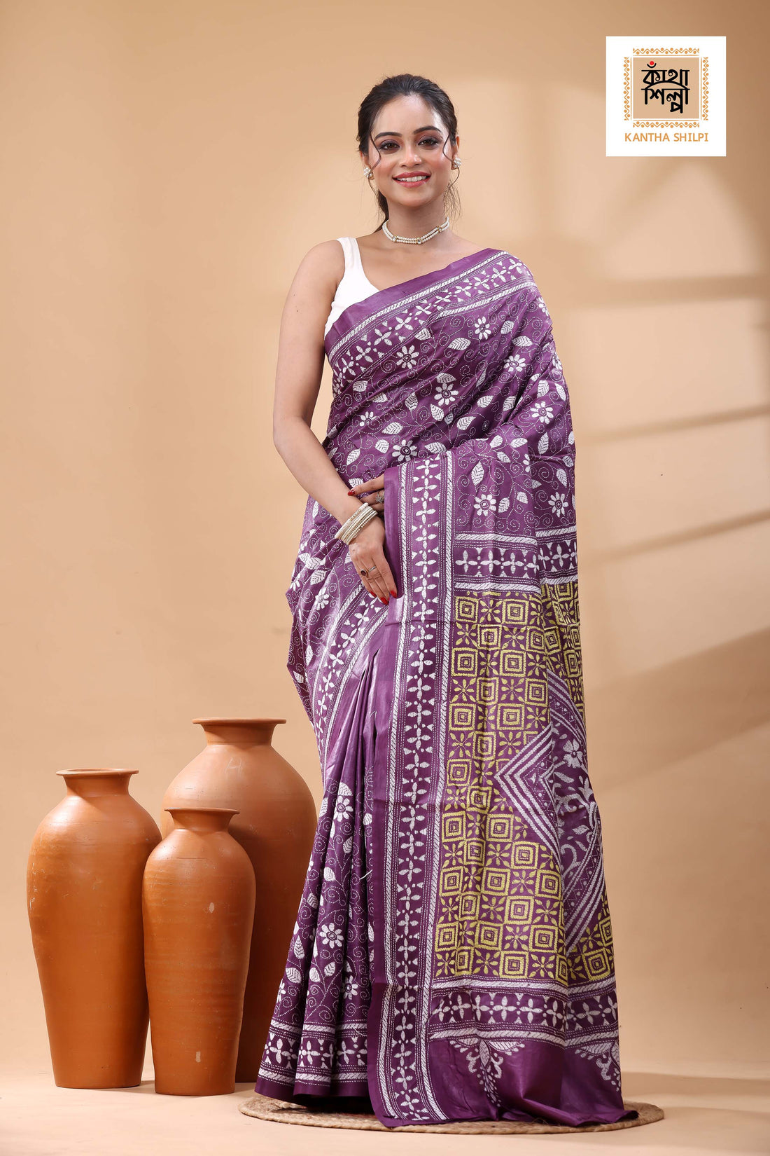 Pure Dye Gachi Tussar White-Yellow Color Thread Work Kantha Stitch Saree