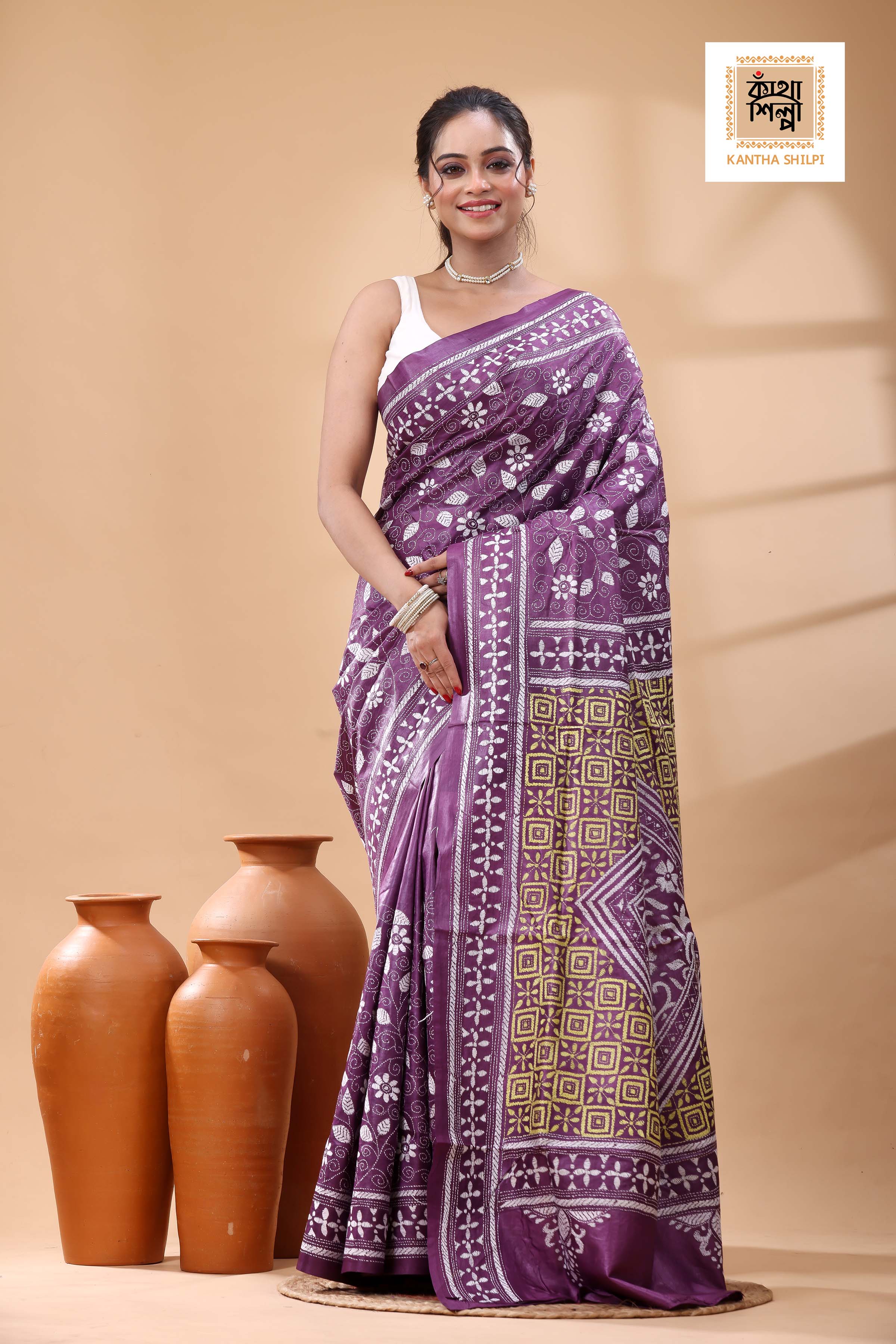 Pure Dye Gachi Tussar White-Yellow Color Thread Work Kantha Stitch Saree