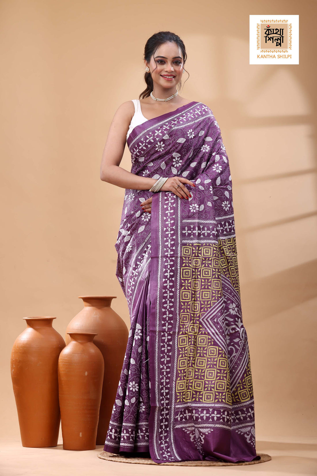 Pure Dye Gachi Tussar White-Yellow Color Thread Work Kantha Stitch Saree