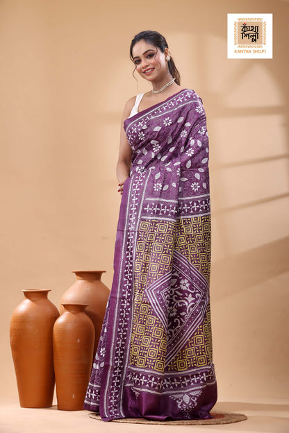 Pure Dye Gachi Tussar White-Yellow Color Thread Work Kantha Stitch Saree