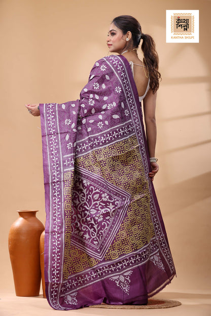 Pure Dye Gachi Tussar White-Yellow Color Thread Work Kantha Stitch Saree
