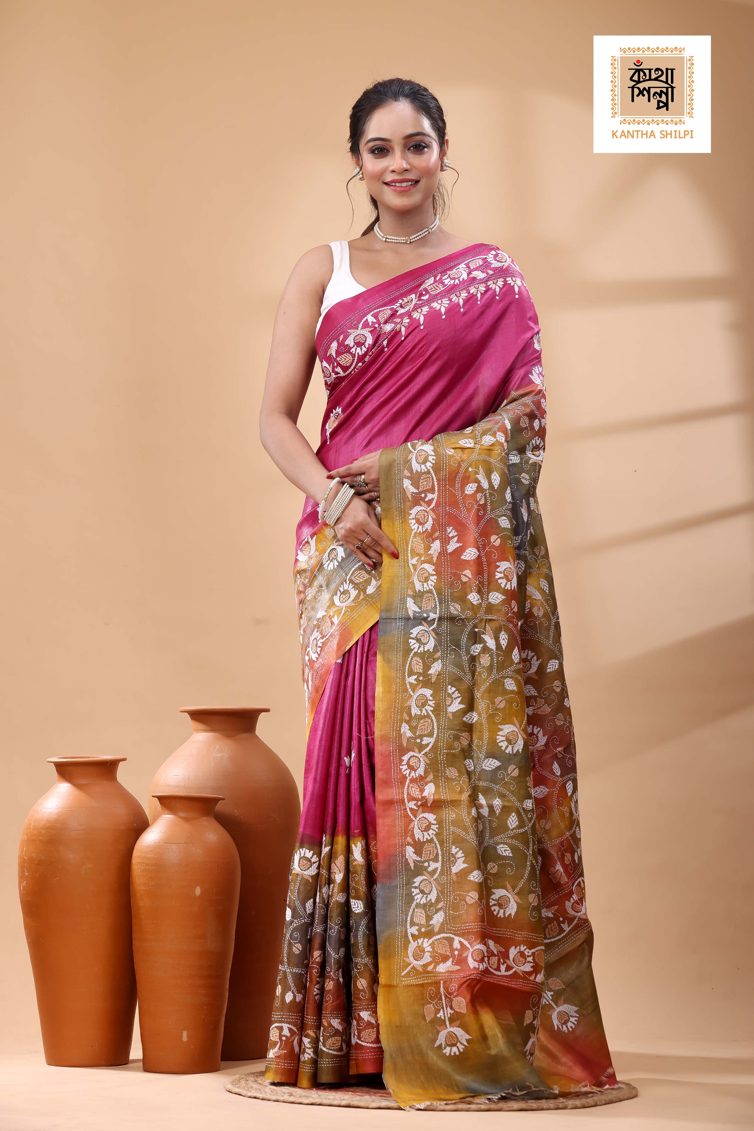 Pure Dye Gachi Tussar White Color Thread Work Kantha Stitch Saree