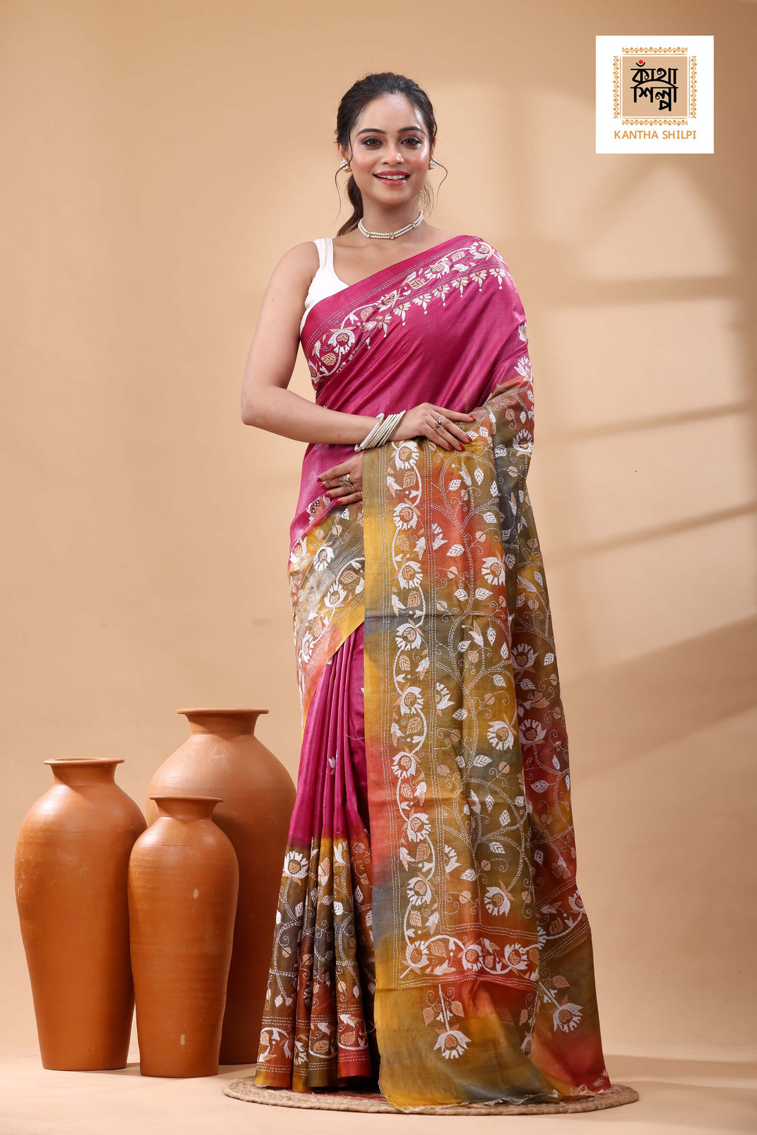 Pure Dye Gachi Tussar White Color Thread Work Kantha Stitch Saree