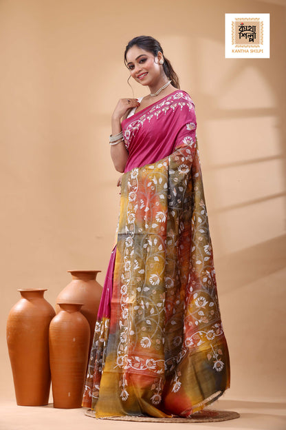 Pure Dye Gachi Tussar White Color Thread Work Kantha Stitch Saree