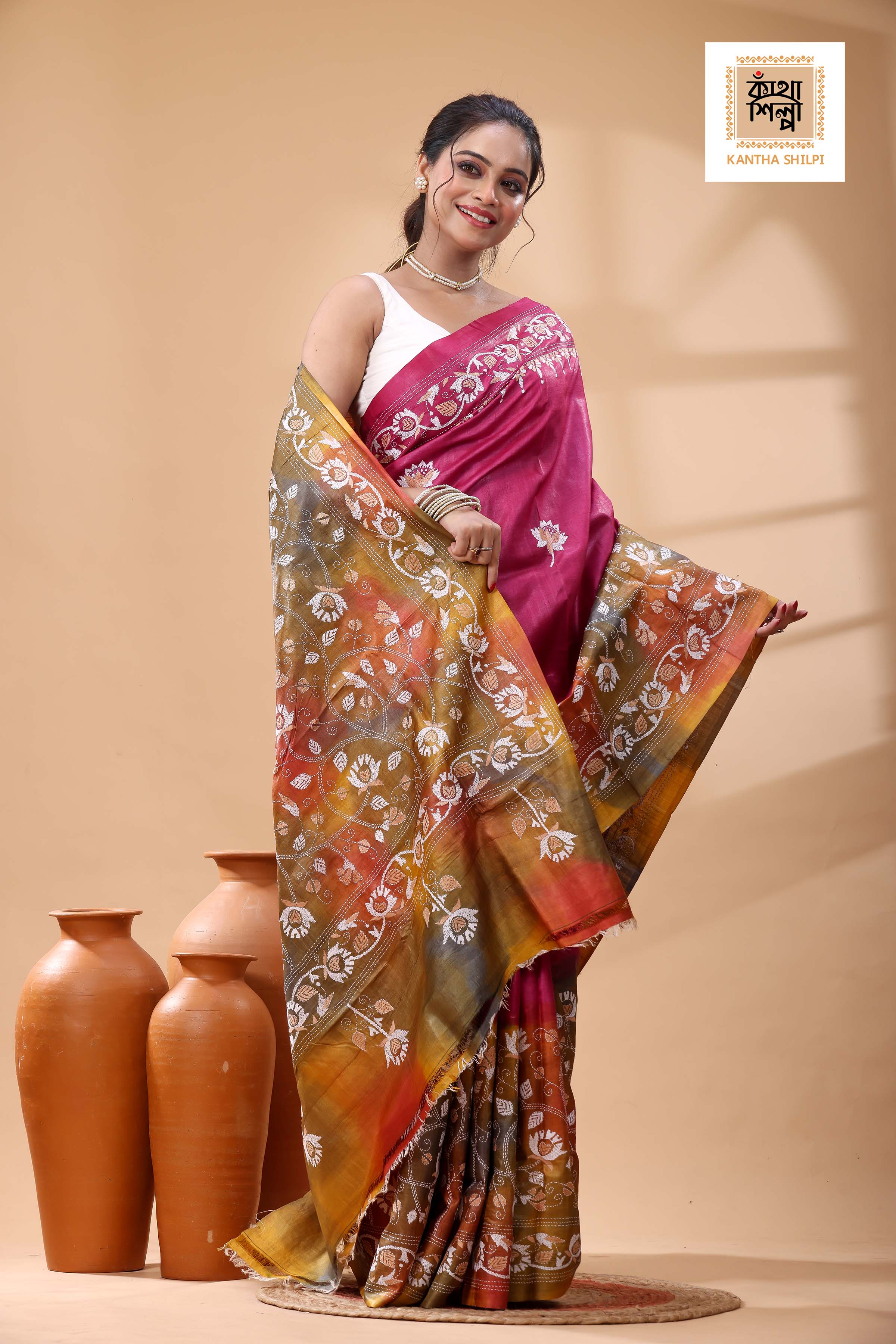 Pure Dye Gachi Tussar White Color Thread Work Kantha Stitch Saree