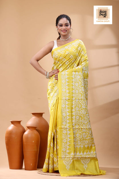 Pure Dye Gachi Tussar White Color Thread Work Kantha Stitch Saree