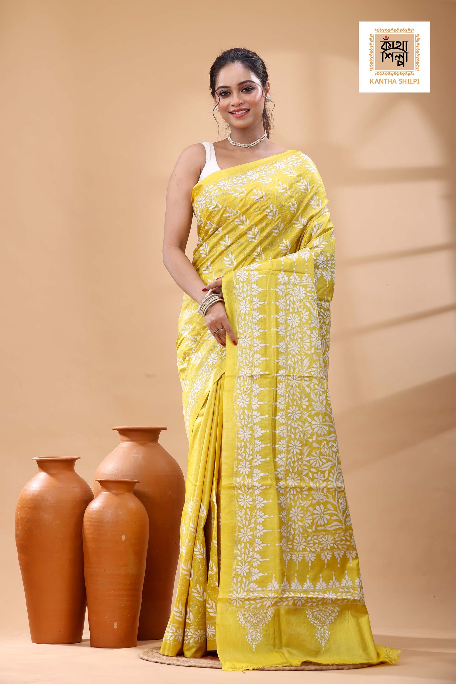 Pure Dye Gachi Tussar White Color Thread Work Kantha Stitch Saree