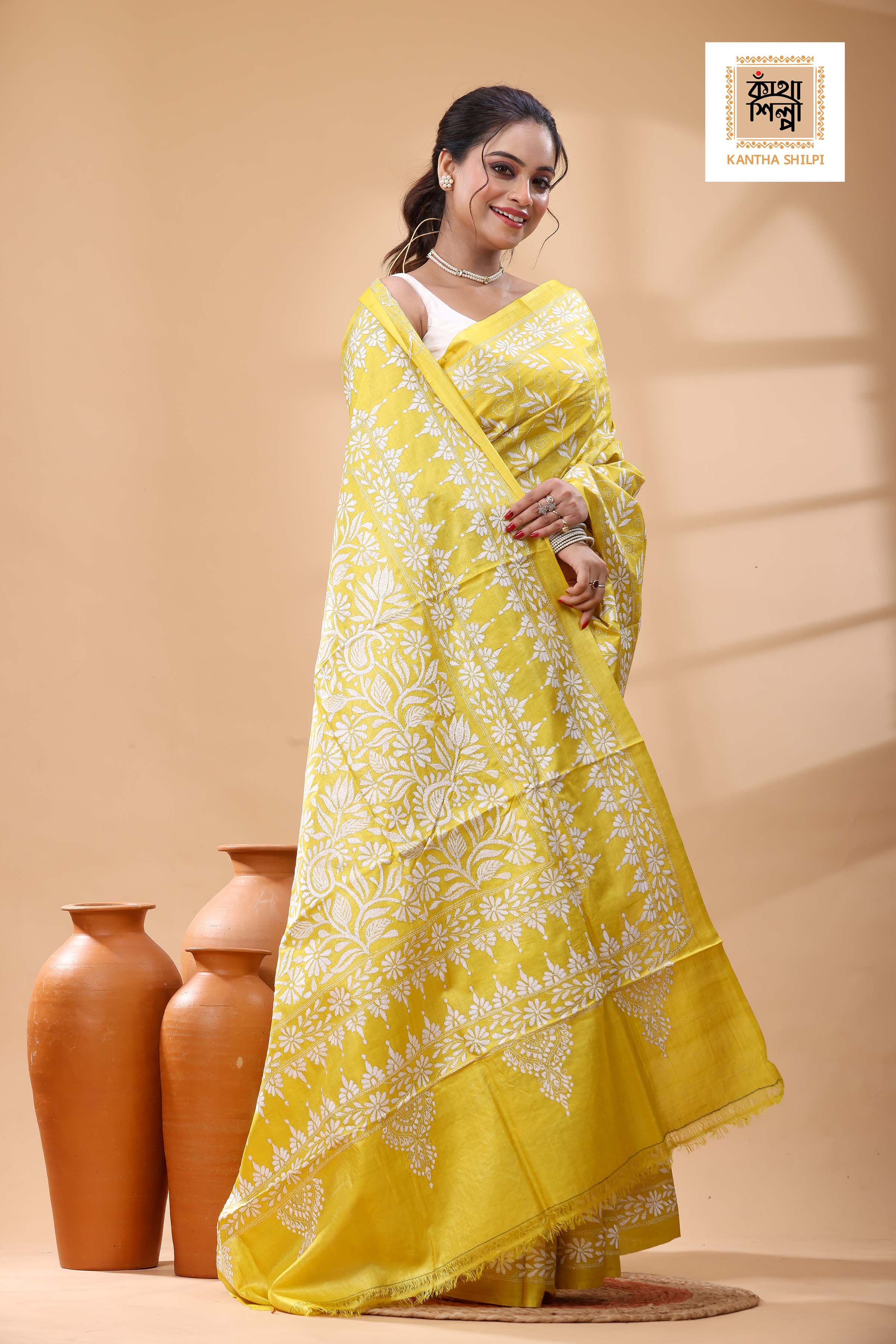 Pure Dye Gachi Tussar White Color Thread Work Kantha Stitch Saree