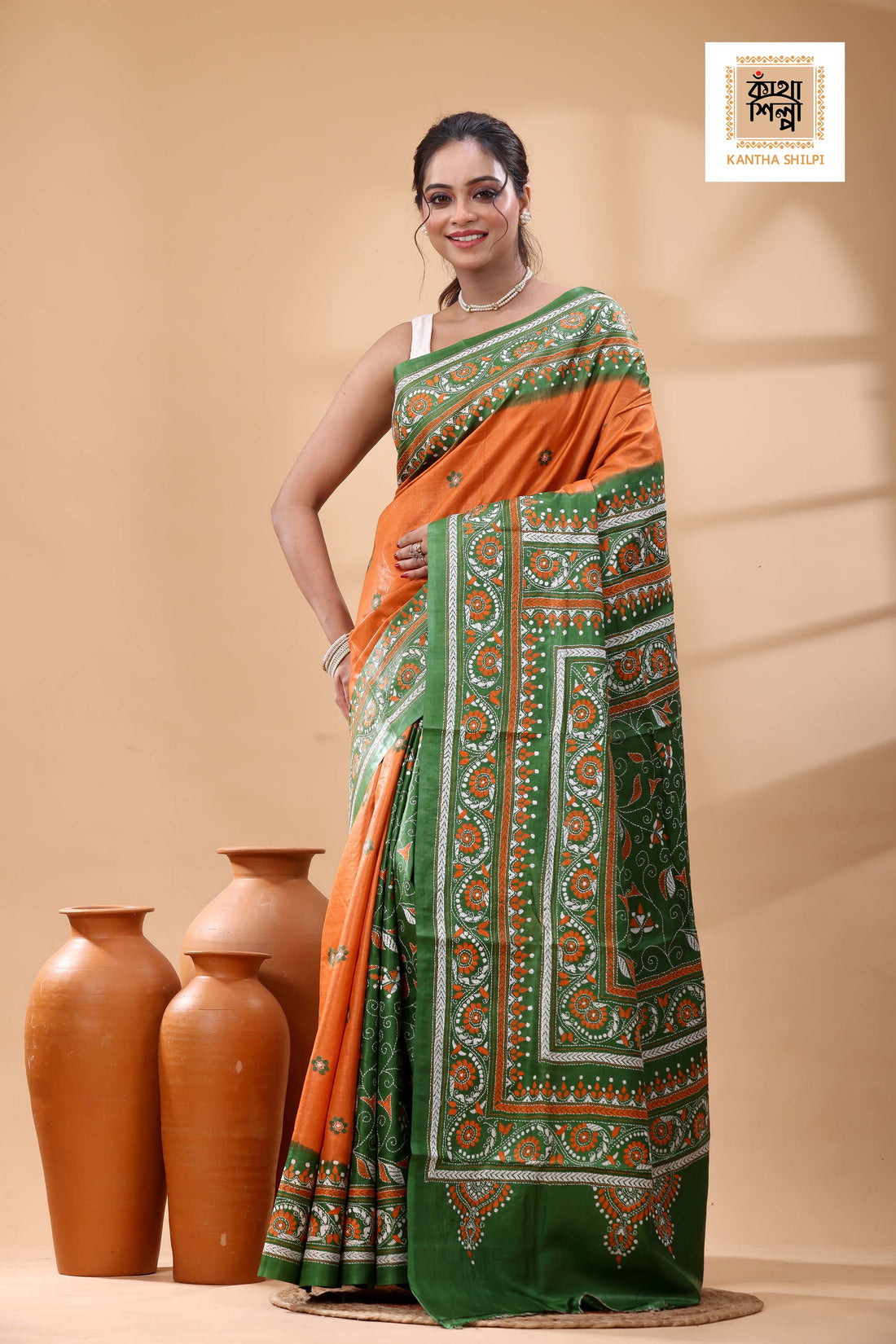 Pure Dye Gachi Tussar White-Orange Color Thread Work Kantha Stitch Saree