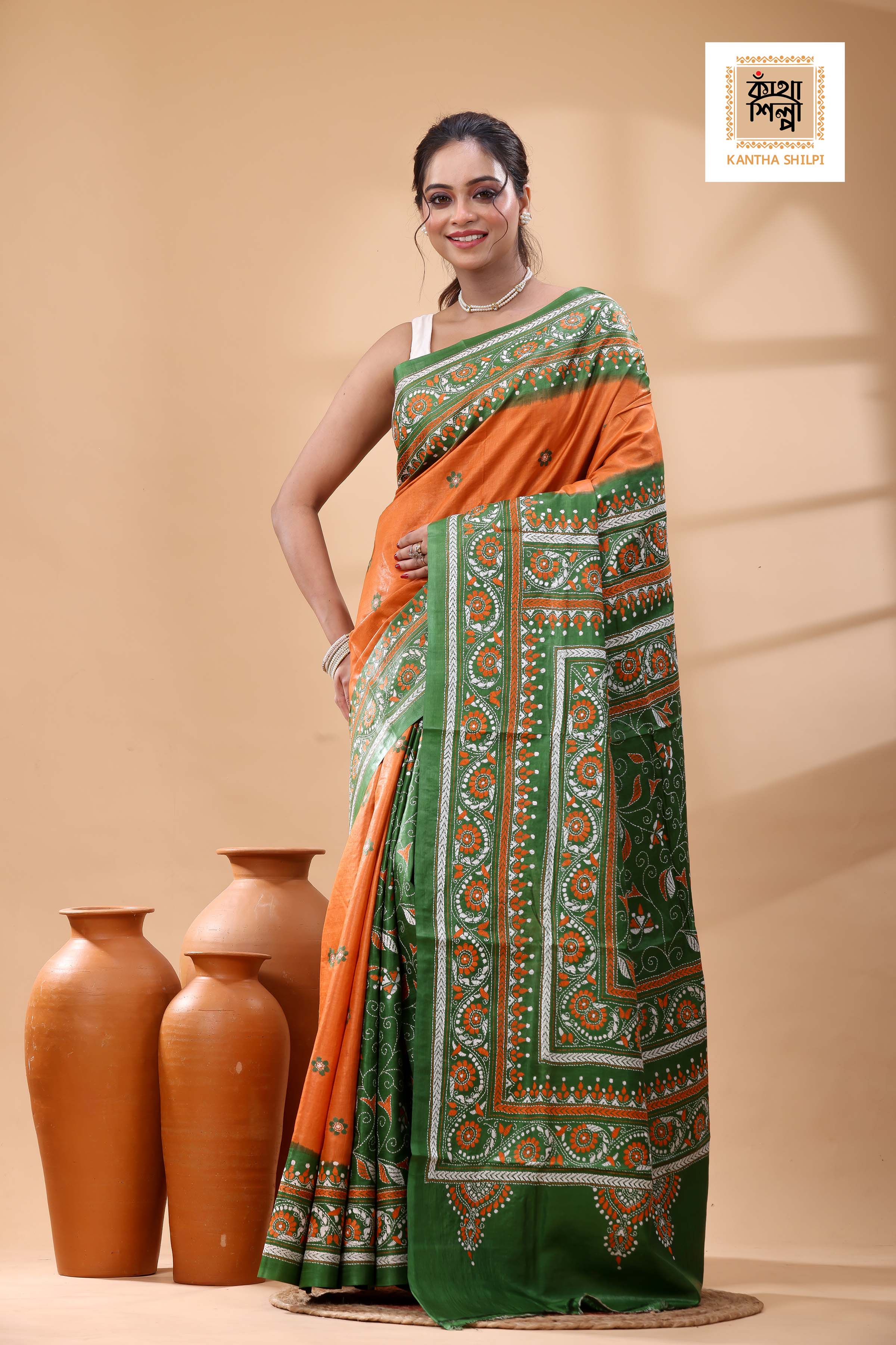 Pure Dye Gachi Tussar White-Orange Color Thread Work Kantha Stitch Saree