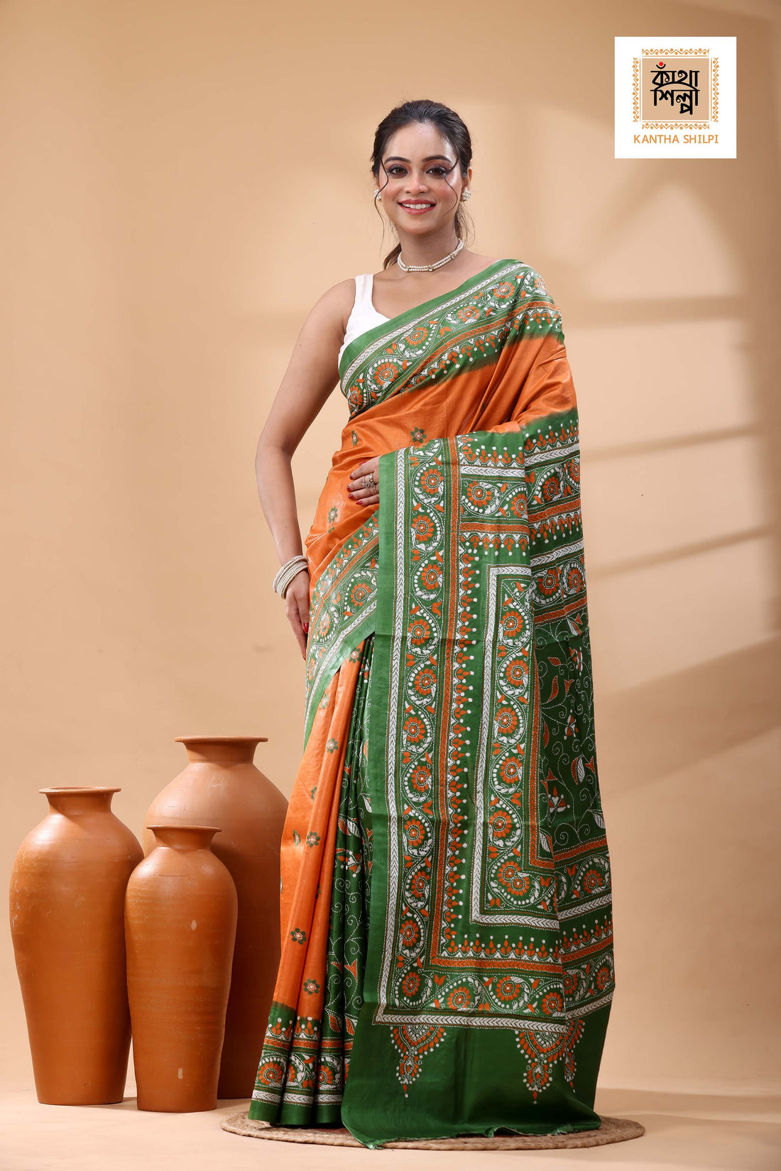 Pure Dye Gachi Tussar White-Orange Color Thread Work Kantha Stitch Saree