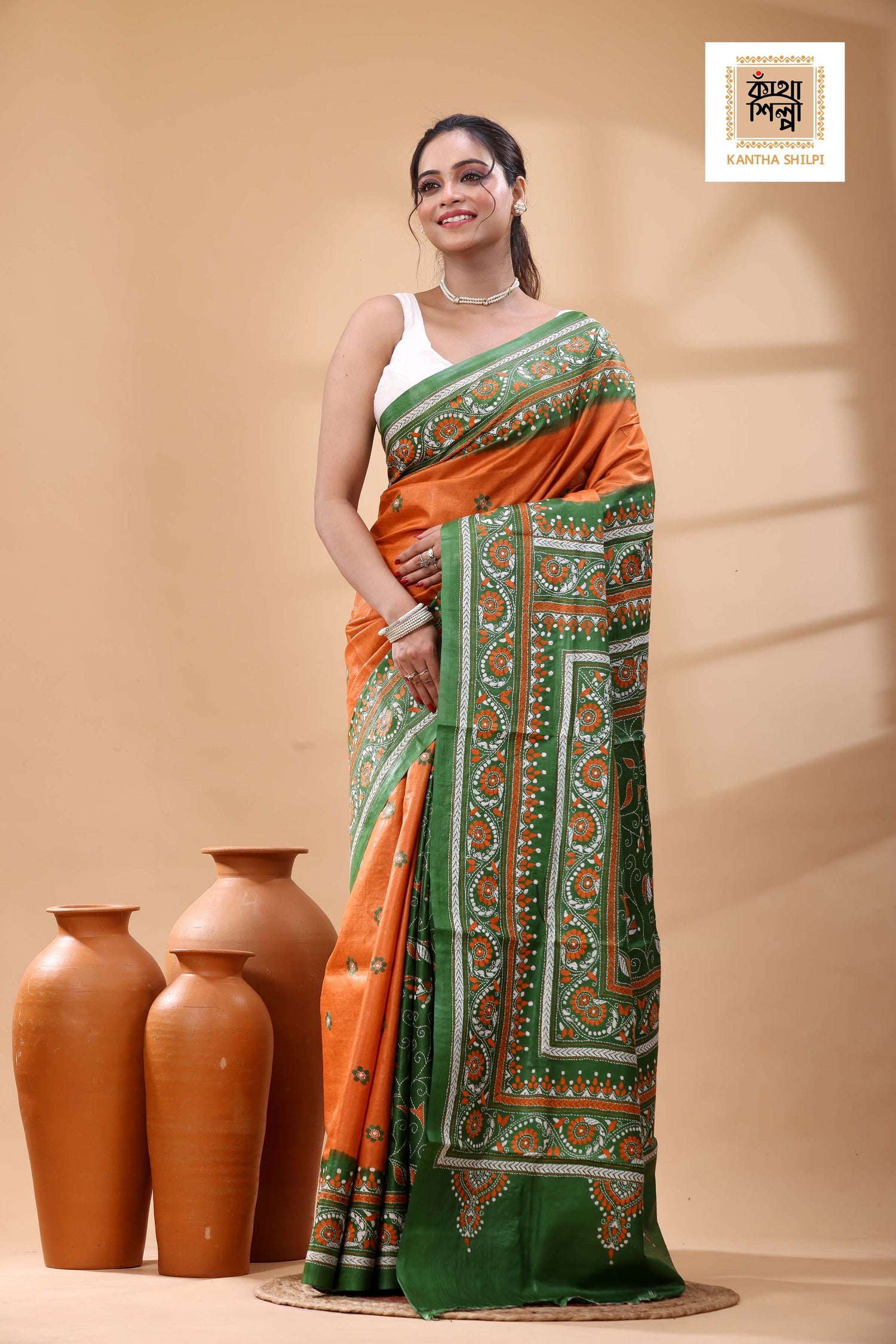 Pure Dye Gachi Tussar White-Orange Color Thread Work Kantha Stitch Saree