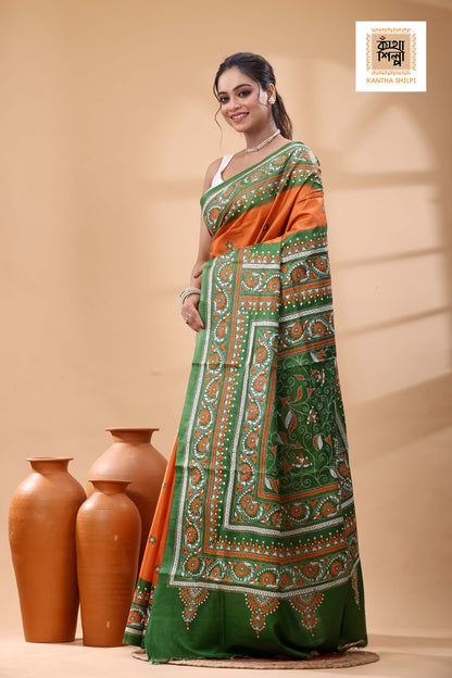 Pure Dye Gachi Tussar White-Orange Color Thread Work Kantha Stitch Saree