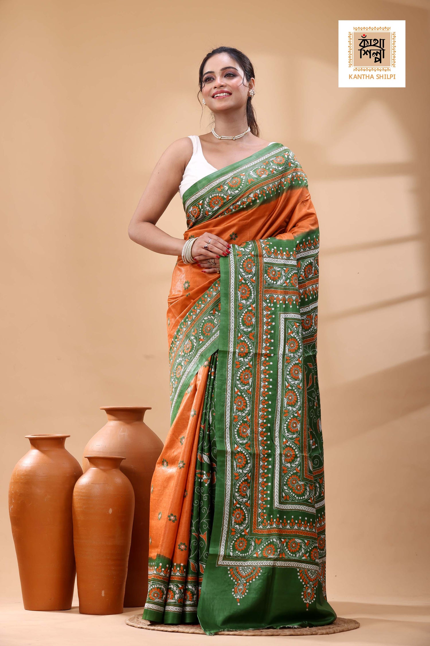 Pure Dye Gachi Tussar White-Orange Color Thread Work Kantha Stitch Saree