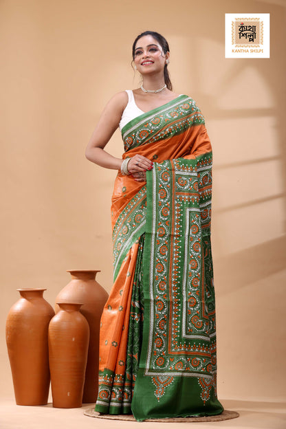 Pure Dye Gachi Tussar White-Orange Color Thread Work Kantha Stitch Saree