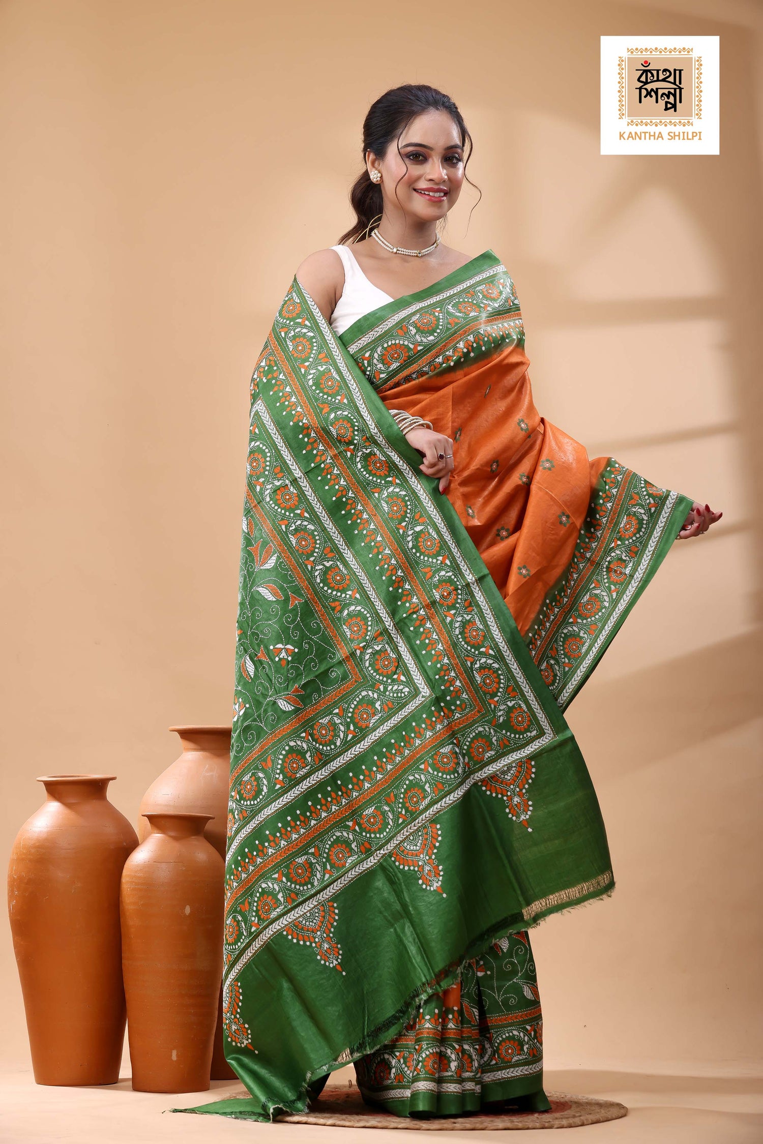 Pure Dye Gachi Tussar White-Orange Color Thread Work Kantha Stitch Saree