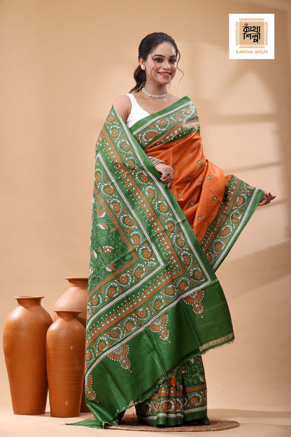 Pure Dye Gachi Tussar White-Orange Color Thread Work Kantha Stitch Saree