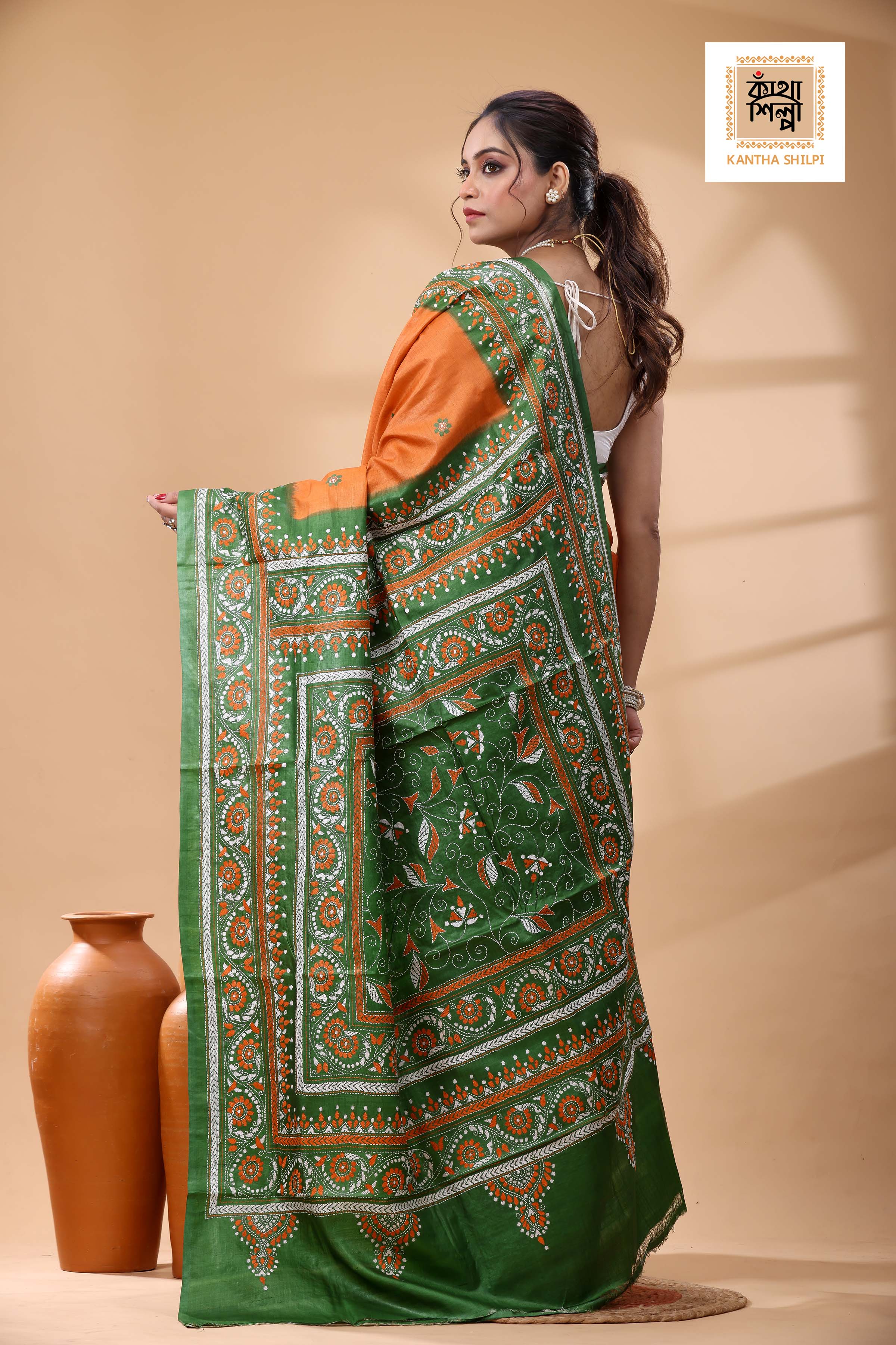 Pure Dye Gachi Tussar White-Orange Color Thread Work Kantha Stitch Saree