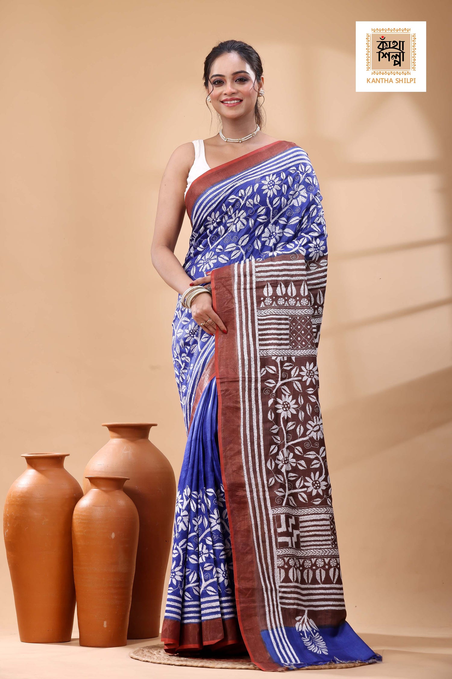 Pure Dye Tussar White Color Thread Work Kantha Stitch Saree