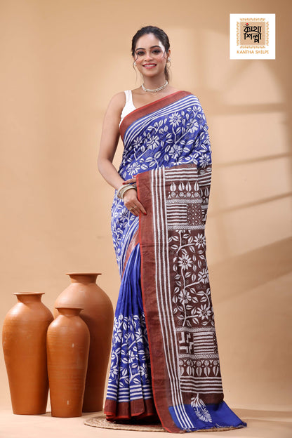 Pure Dye Tussar White Color Thread Work Kantha Stitch Saree