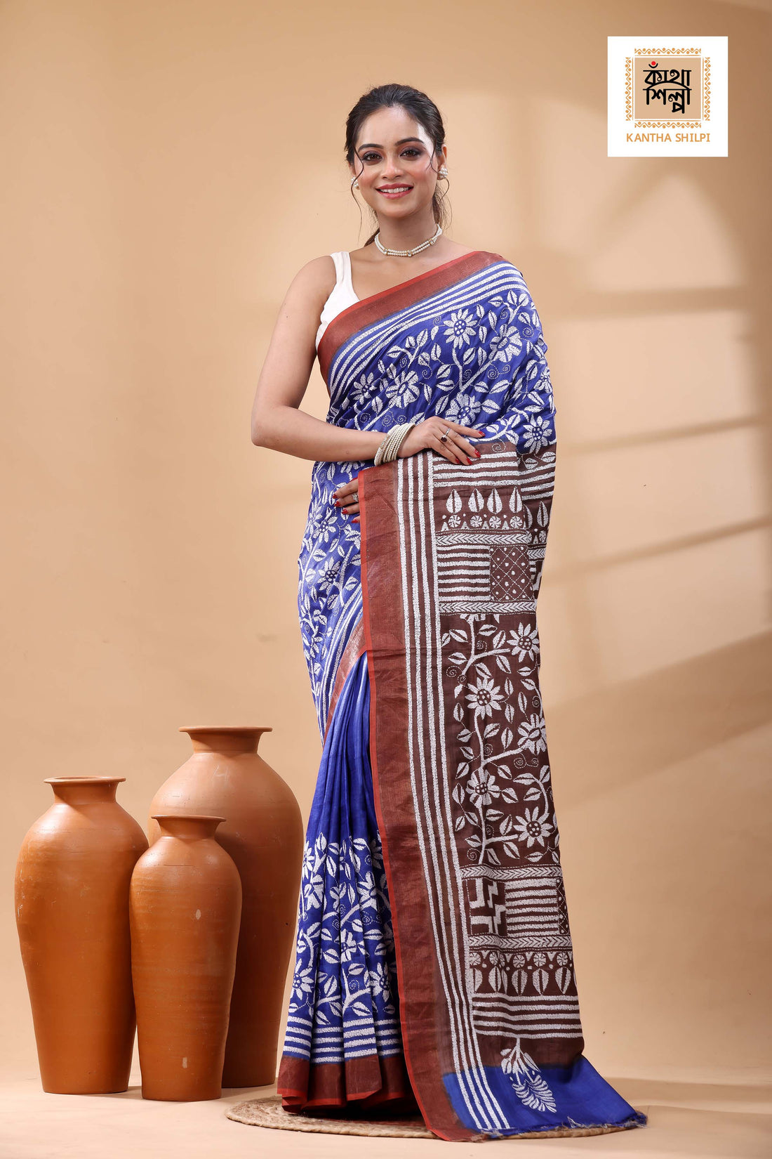 Pure Dye Tussar White Color Thread Work Kantha Stitch Saree