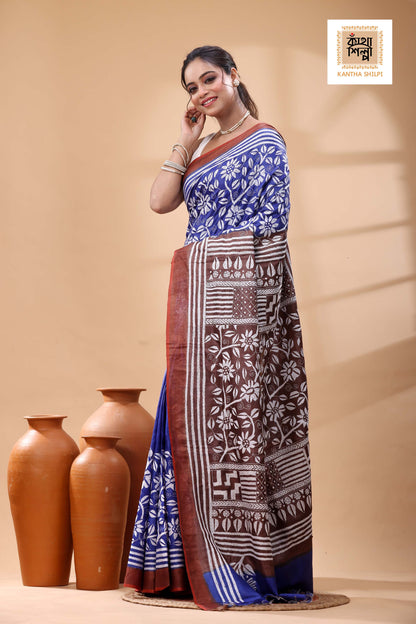 Pure Dye Tussar White Color Thread Work Kantha Stitch Saree