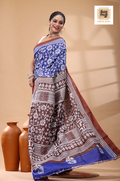 Pure Dye Tussar White Color Thread Work Kantha Stitch Saree