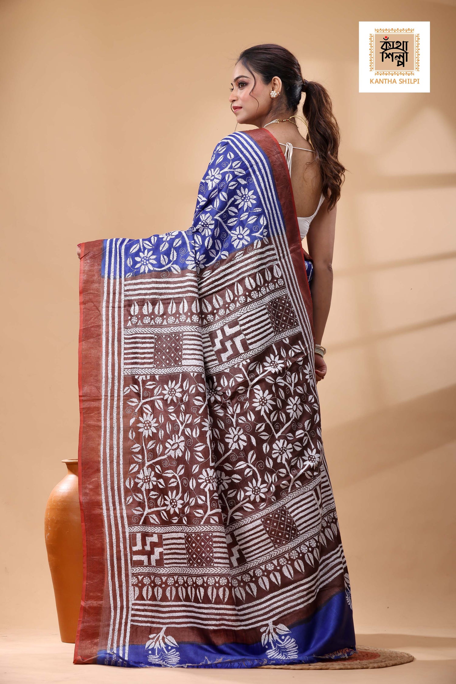 Pure Dye Tussar White Color Thread Work Kantha Stitch Saree