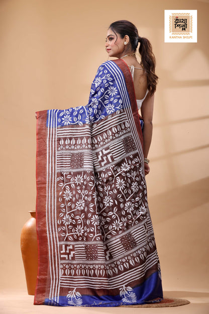 Pure Dye Tussar White Color Thread Work Kantha Stitch Saree