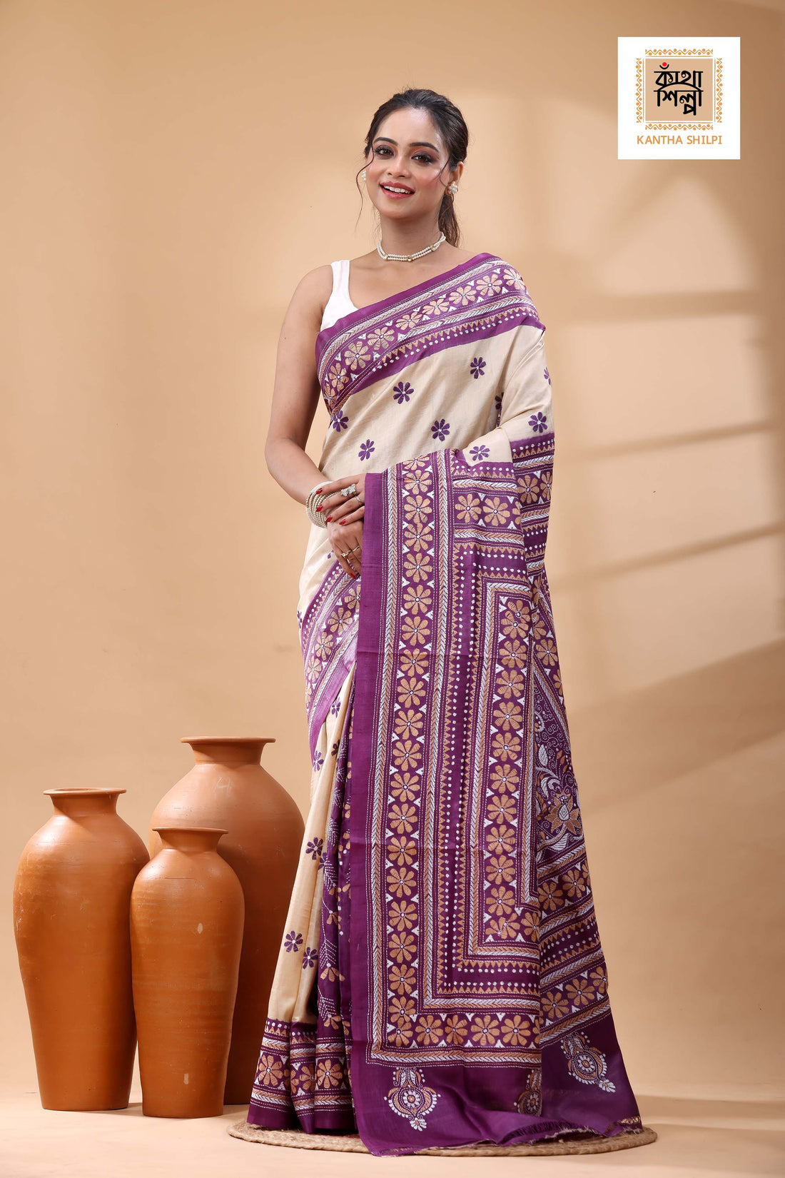 Pure Dye Gachi Tussar White-Beige Color Thread Work Kantha Stitch Saree