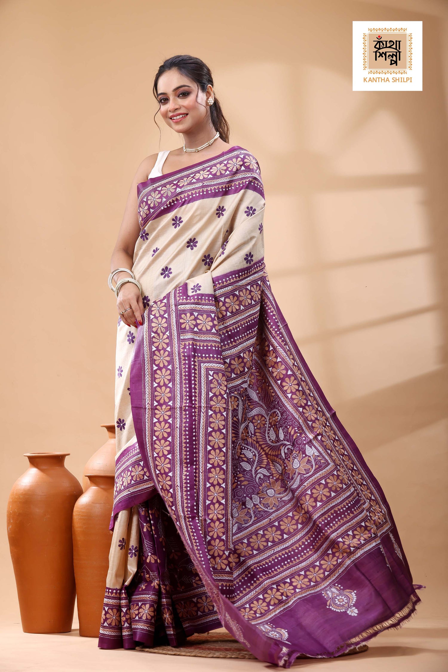 Pure Dye Gachi Tussar White-Beige Color Thread Work Kantha Stitch Saree