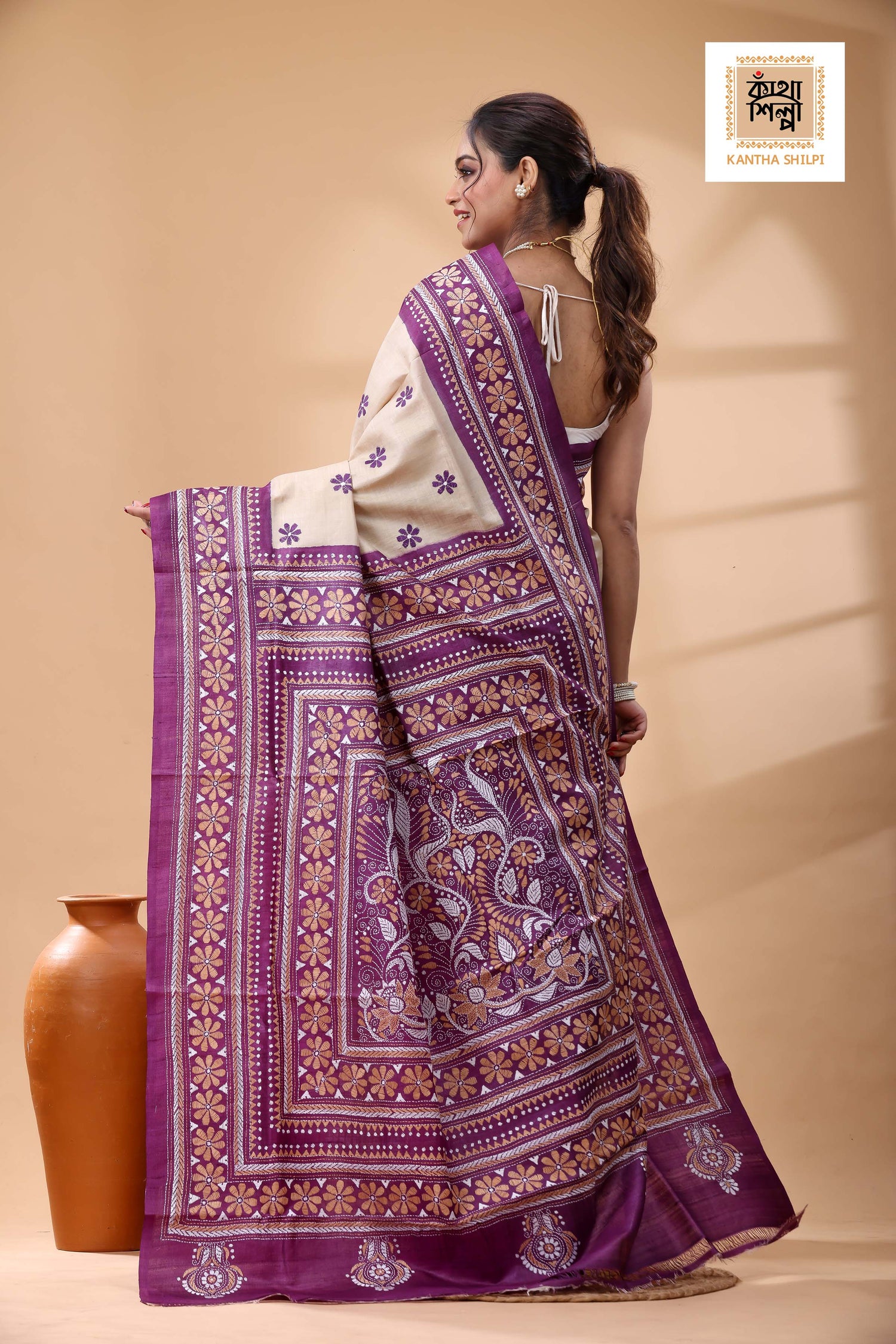 Pure Dye Gachi Tussar White-Beige Color Thread Work Kantha Stitch Saree