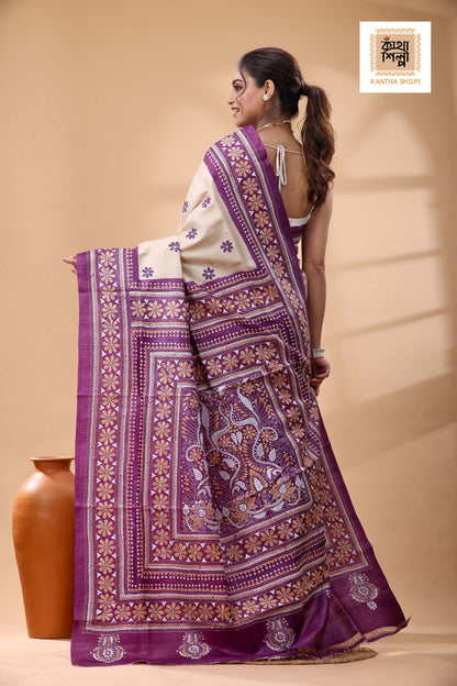Pure Dye Gachi Tussar White-Beige Color Thread Work Kantha Stitch Saree