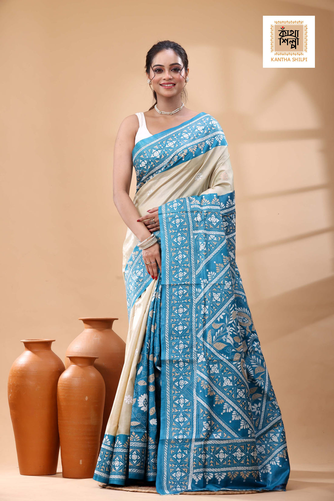 Pure Dye Gachi Tussar White-Beige Color Thread Work Kantha Stitch Saree
