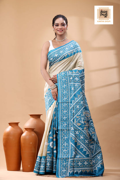 Pure Dye Gachi Tussar White-Beige Color Thread Work Kantha Stitch Saree