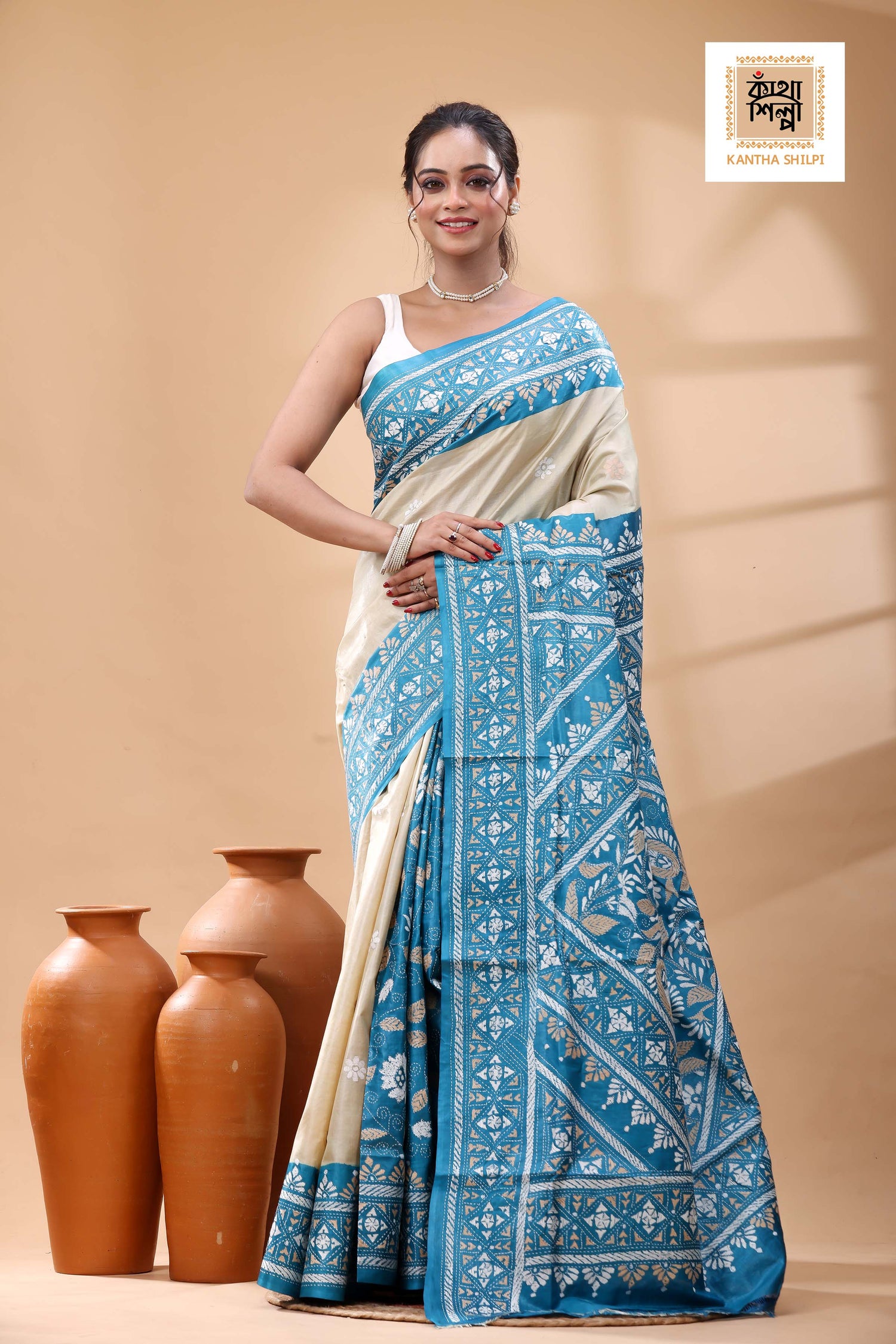 Pure Dye Gachi Tussar White-Beige Color Thread Work Kantha Stitch Saree