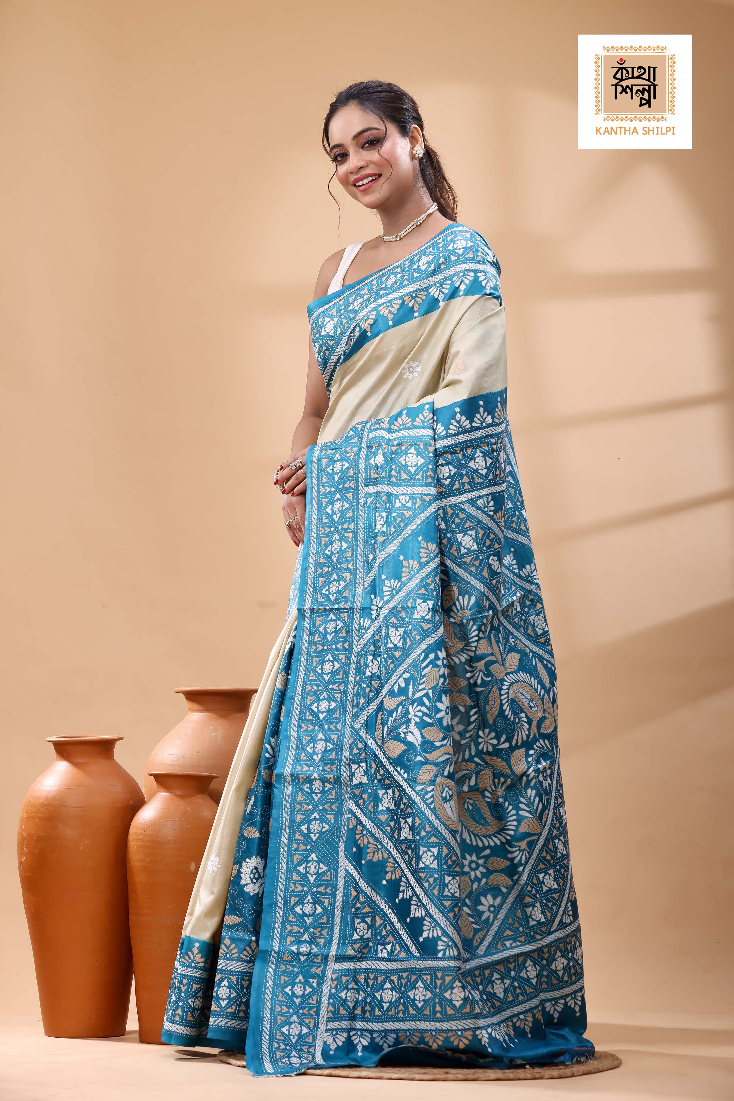 Pure Dye Gachi Tussar White-Beige Color Thread Work Kantha Stitch Saree