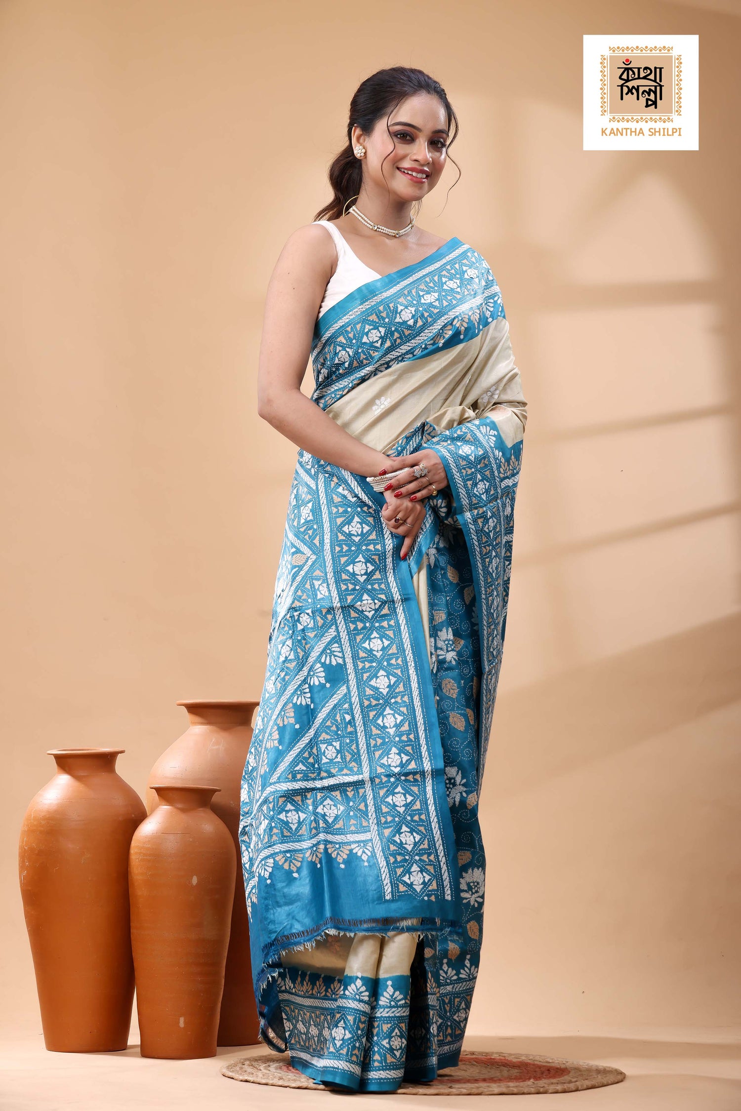 Pure Dye Gachi Tussar White-Beige Color Thread Work Kantha Stitch Saree