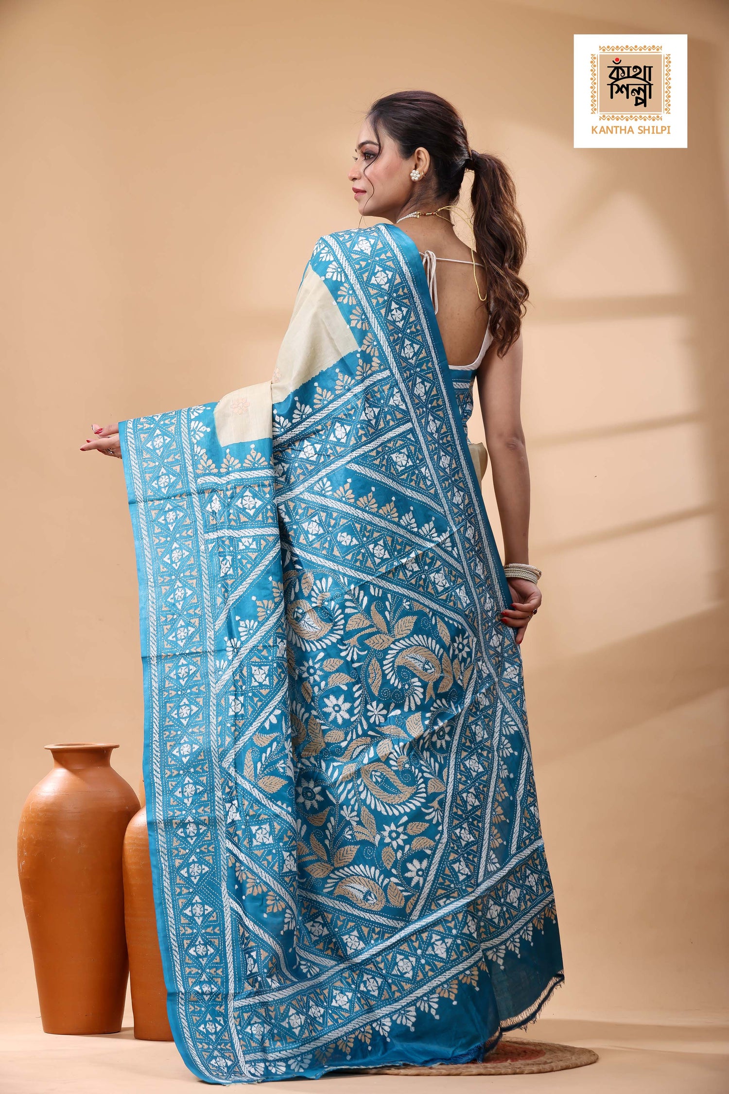 Pure Dye Gachi Tussar White-Beige Color Thread Work Kantha Stitch Saree