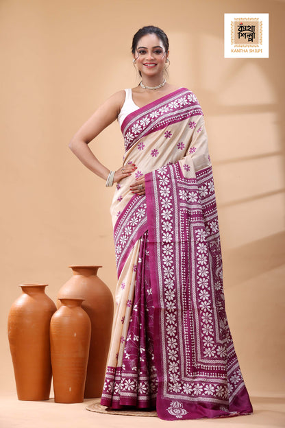 Pure Dye Gachi Tussar White Color Thread Work Kantha Stitch Saree